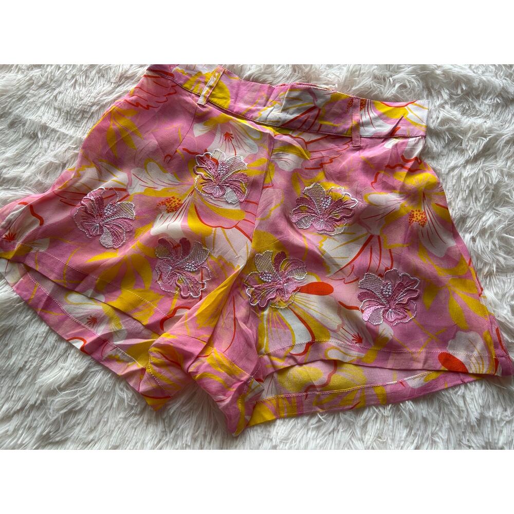 TAJ by Sabrina Crippa Floral Embroidered Shorts Pink Yellow Luxury One Available